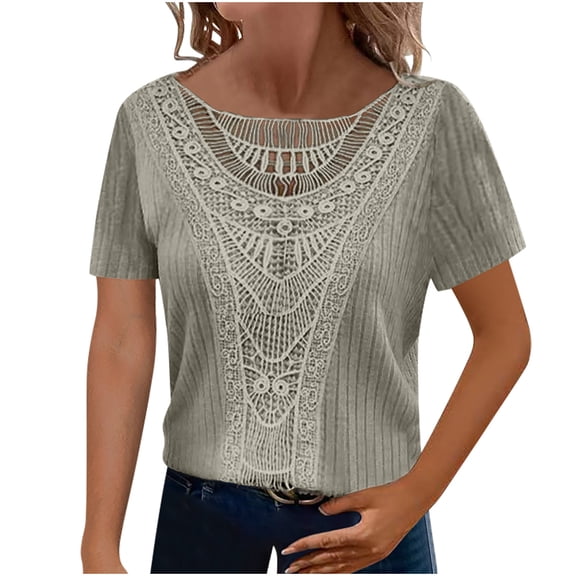 fatyb Women's Summer Tops Crochet Lace Short Sleeve Tshirts Casual Knitted Patchwork Elegant Blouses