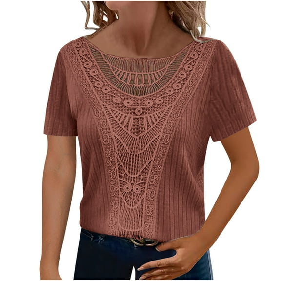 fatyb Women's Summer Tops Crochet Lace Short Sleeve Tshirts Casual Knitted Patchwork Elegant Blouses