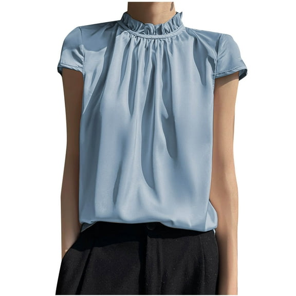 fatyb Women's Summer Tops Silk Ruffle Mock Neck Tshirts Short Sleeve Womens Elegant Casual Blouses