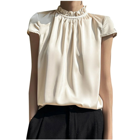 fatyb Women's Summer Tops Silk Ruffle Mock Neck Tshirts Short Sleeve Womens Elegant Casual Blouses