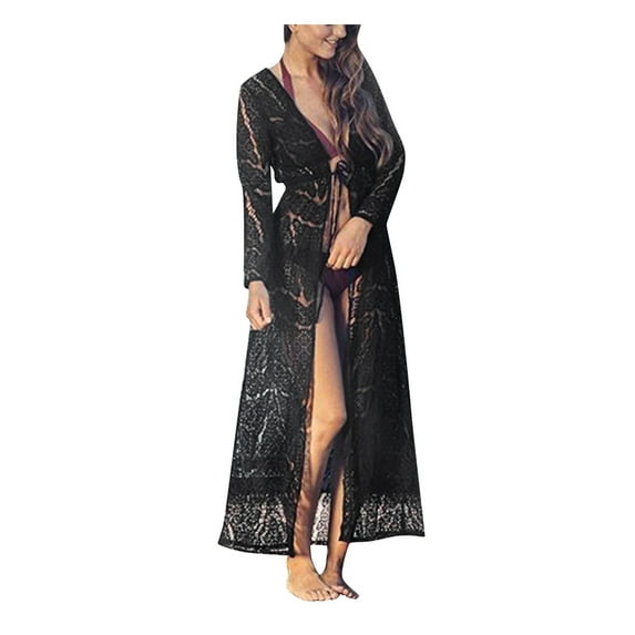 fatyb Women's Swimsuit Cardigan Cover up Open Front Bikini Long Sleeve Coverup Hollow out for Swimwear
