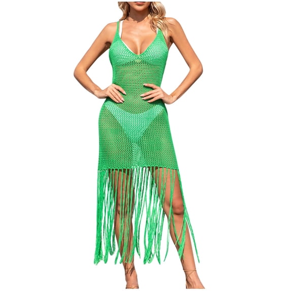fatyb Women's Swimsuit Cover up with Tassels Scoop Neck Swimwear Coverup Sleeveless Beach Vacation Dress