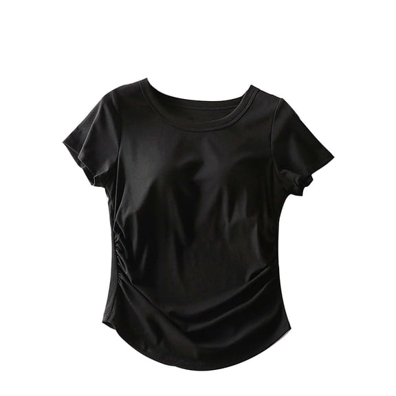 fatyb Women's T Shirts with Built in Bra Short Sleeve Ruched Crop Tee Comfy Tops Casual Summer Blouses