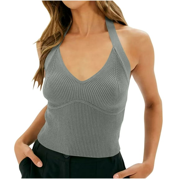 fatyb Women's Tank Tops Backless Ribbed Knit Tanks V Neck Sleeveless Slim Tops Casual Womens Summer Shirts