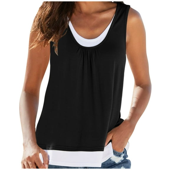 fatyb Women's Tank Tops Casual Sleeveless Patchwork Shirts Scoop Neck Color Block Loose Basic Tee Shirts