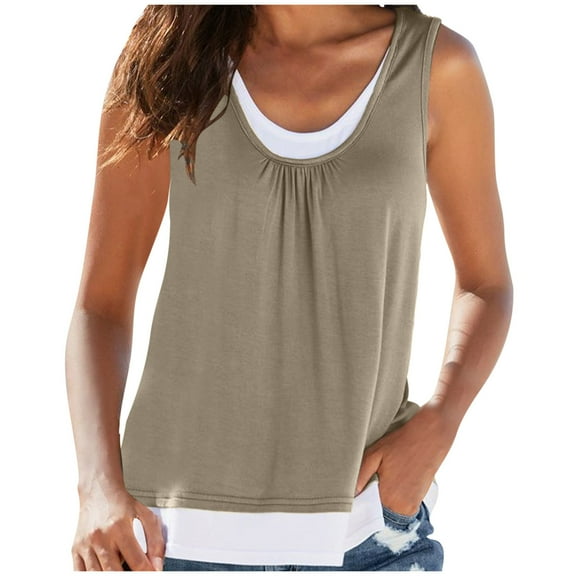 fatyb Women's Tank Tops Casual Sleeveless Patchwork Shirts Scoop Neck Color Block Loose Basic Tee Shirts