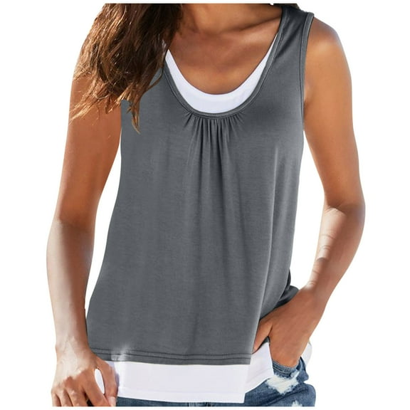 fatyb Women's Tank Tops Casual Sleeveless Patchwork Shirts Scoop Neck Color Block Loose Basic Tee Shirts