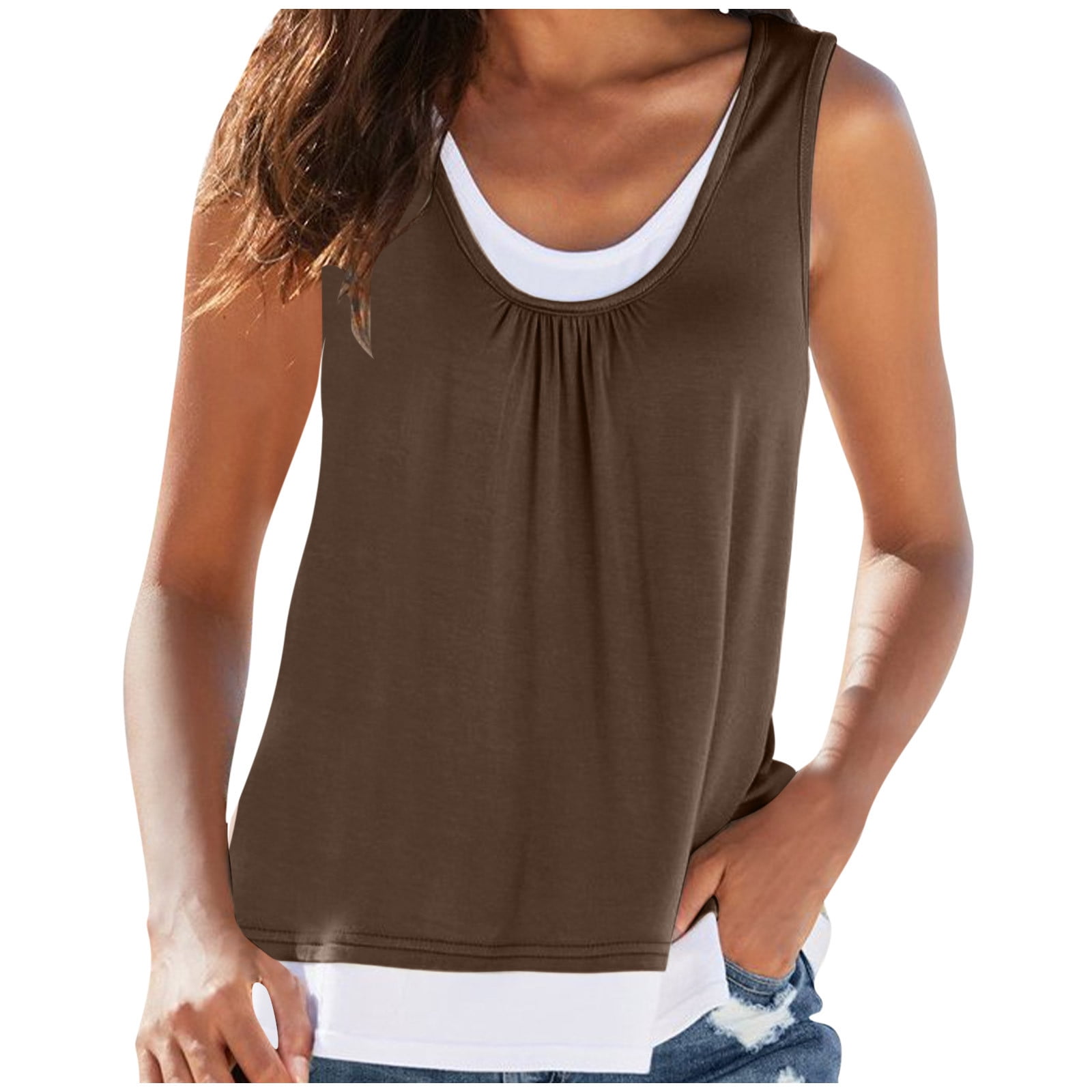 fatyb Women's Tank Tops Casual Sleeveless Patchwork Shirts Scoop Neck ...