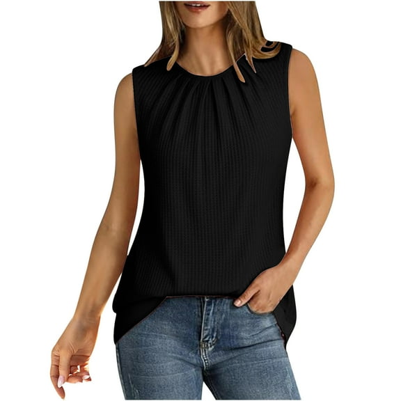 fatyb Women's Tank Tops Pleated High Neck Sleeveless Shirts Casual Plain Summer Womens Loose Blouses