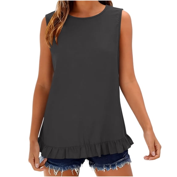 fatyb Women's Tank Tops Ruffle Hem Sleeveless Tshirts Crewneck Casual Plain Lightweight Summer Blouses