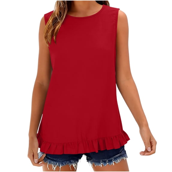 fatyb Women's Tank Tops Ruffle Hem Sleeveless Tshirts Crewneck Casual Plain Lightweight Summer Blouses