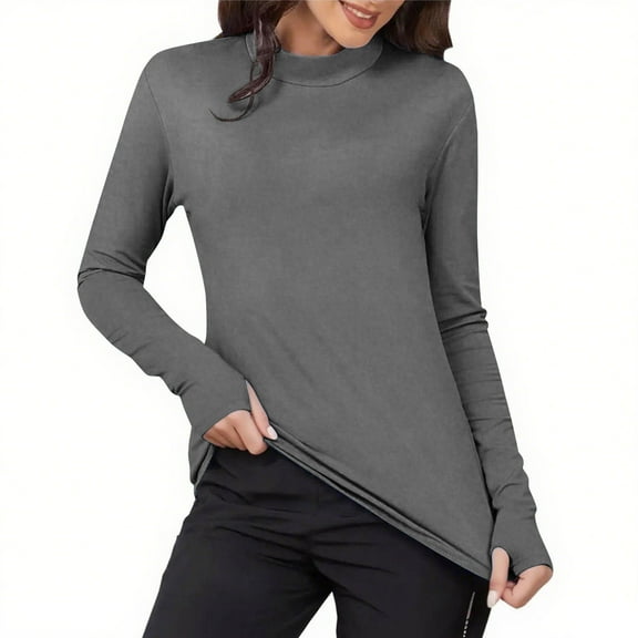 fatyb Women's Thermal Mock Neck Shirts Casual Long Sleeve Basic Tee Fleece Undershirts with Thumb Holes