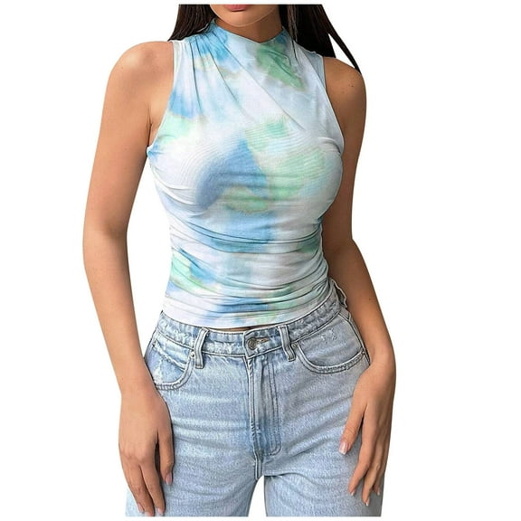 fatyb Women's Tie Dye Tank Tops Mock Neck Going out Crop Tops Ruched Sleeveless Slim Summer Tee Tops