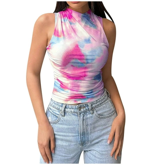 fatyb Women's Tie Dye Tank Tops Mock Neck Going out Crop Tops Ruched Sleeveless Slim Summer Tee Tops