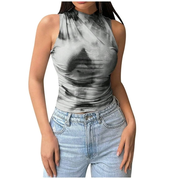 fatyb Women's Tie Dye Tank Tops Mock Neck Going out Crop Tops Ruched Sleeveless Slim Summer Tee Tops