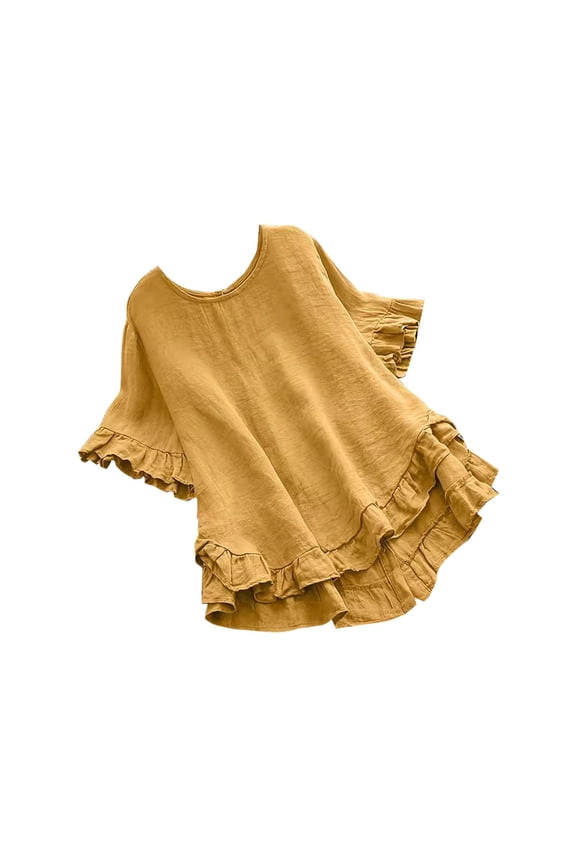 Women's Tops Casual Short Sleeve Ruffle Hem Flowy Blouses Round Neck Summer Loose Womens Tshirts