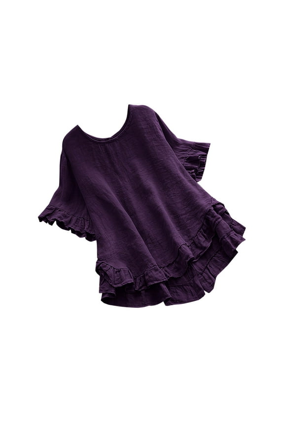 Women's Tops Casual Short Sleeve Ruffle Hem Flowy Blouses Round Neck Summer Loose Womens Tshirts