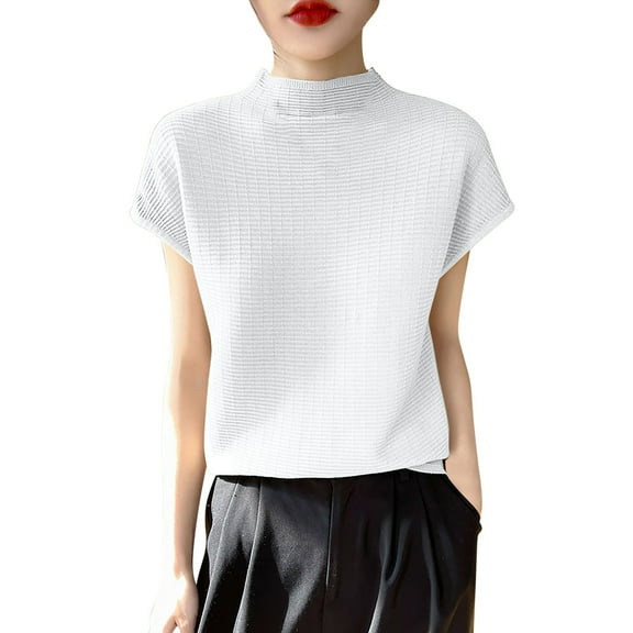 fatyb Women's Tops Mock Neck Casual Cap Sleeve Shirts Knit Solid Color Loose Summer Tee Blouses