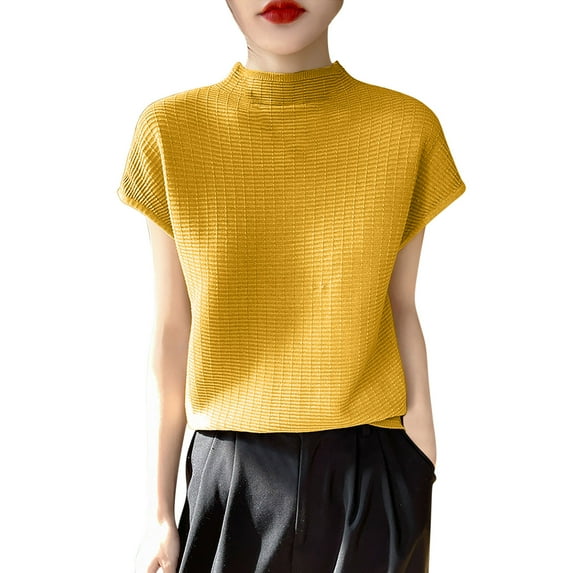 fatyb Women's Tops Mock Neck Casual Cap Sleeve Shirts Knit Solid Color Loose Summer Tee Blouses
