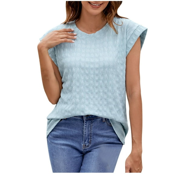 fatyb Women's Tops Summer Cap Sleeve Crew Neck Casual T Shirts Solid Color Loose Blouses for Women
