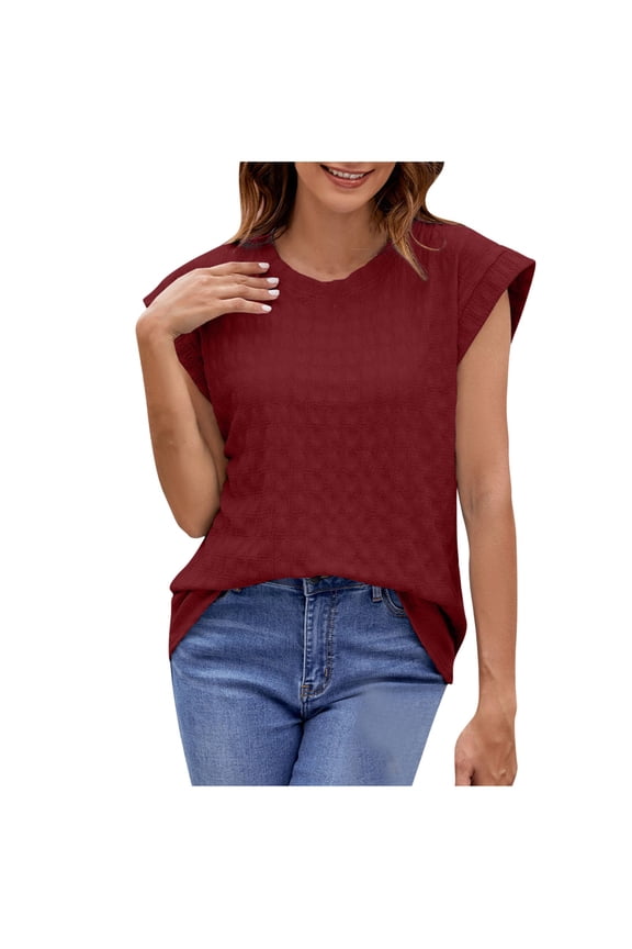 Women's Tops Summer Cap Sleeve Crew Neck Casual T Shirts Solid Color Loose Blouses for Women