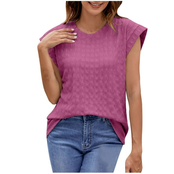 fatyb Women's Tops Summer Cap Sleeve Crew Neck Casual T Shirts Solid Color Loose Blouses for Women