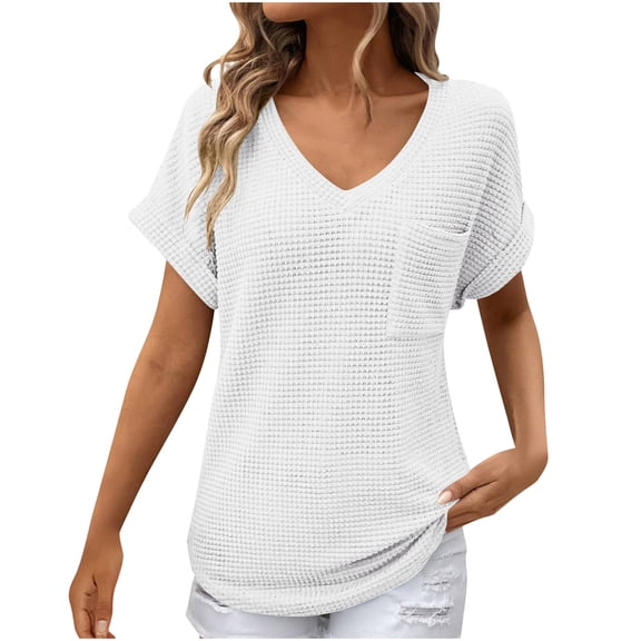 fatyb Women's Tops V Neck Short Sleeve Casual Shirts Pullover Spring Summer Blouses with Pocket