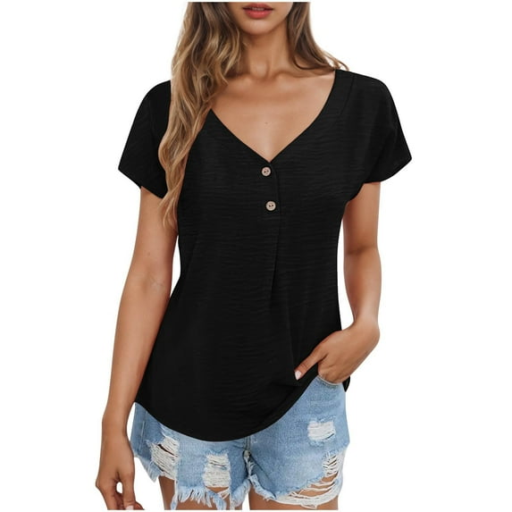 fatyb Women's Tops for Summer Casual V Neck Short Sleeve Shirts Solid Color Tee Comfy Loose Tunic Tops