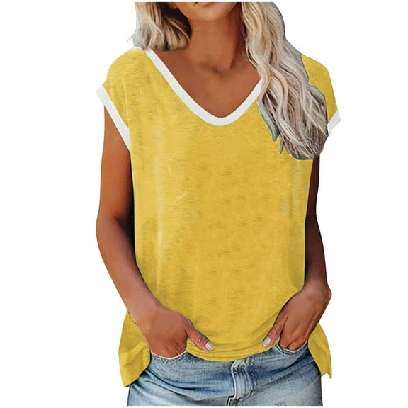 fatyb Women's V Neck Cap Sleeve Tank Tops Summer Casual T Shirts for Women Loose Basic Tees Blouses