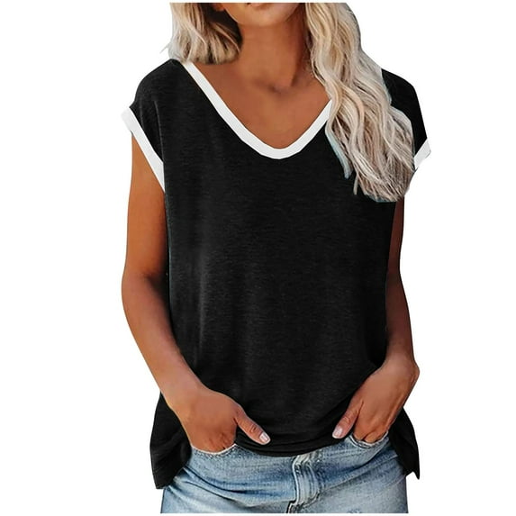 fatyb Women's V Neck Cap Sleeve Tank Tops Summer Casual T Shirts for Women Loose Basic Tees Blouses