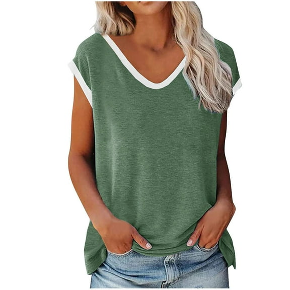 fatyb Women's V Neck Cap Sleeve Tank Tops Summer Casual T Shirts for Women Loose Basic Tees Blouses
