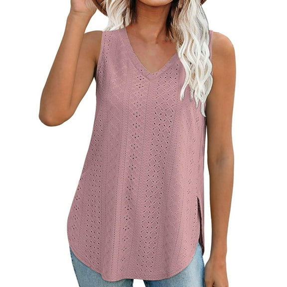 fatyb Women's V Neck Eyelet Tank Tops Embroidered Sleeveless Shirts Casual Plain Lightweight Blouses