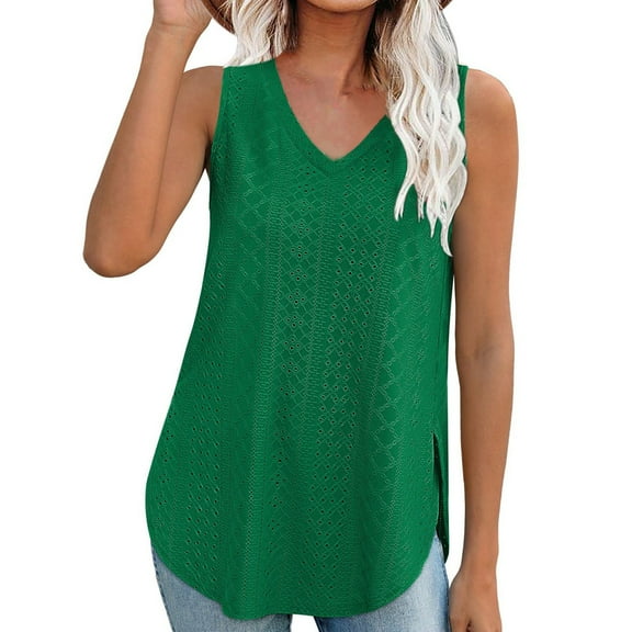 fatyb Women's V Neck Eyelet Tank Tops Embroidered Sleeveless Shirts Casual Plain Lightweight Blouses