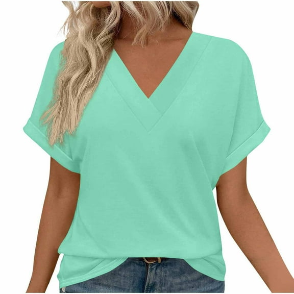 fatyb Women's V Neck Short Sleeve Shirts Casual Solid Color Tops Breathable Summer Spring Tshirts