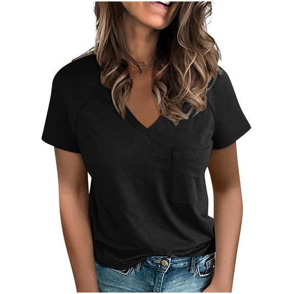 fatyb Women's V Neck Short Sleeve T Shirts with Pocket Casual Solid Color Tee Womens Summer Loose Tops