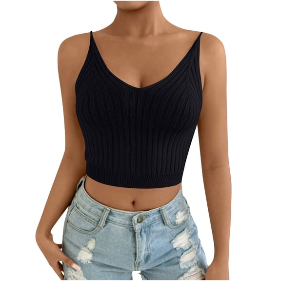 fatyb Women's V Neck Spaghetti Strap Cami Tops Sleeveless Crop Tank Tops Knit Basic Going out Shirts