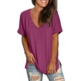 thumbnail image 1 of fatyb Women's V Neck T Shirts Short Sleeve Loose Tops Solid Color Summer Casual Tees with Side Split, 1 of 5