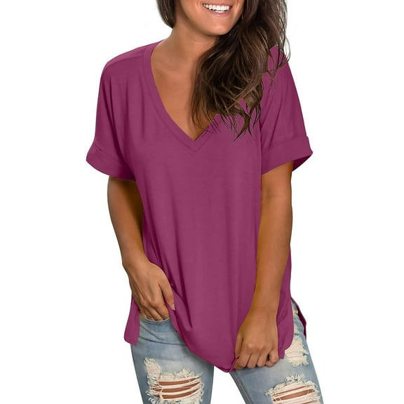 fatyb Women's V Neck T Shirts Short Sleeve Loose Tops Solid Color Summer Casual Tees with Side Split