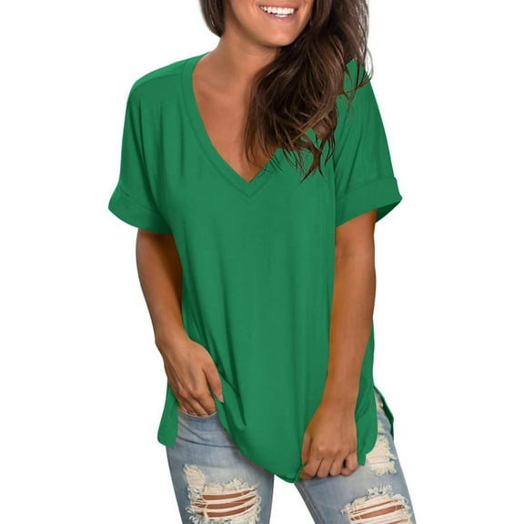 fatyb Women's V Neck T Shirts Short Sleeve Loose Tops Solid Color Summer Casual Tees with Side Split