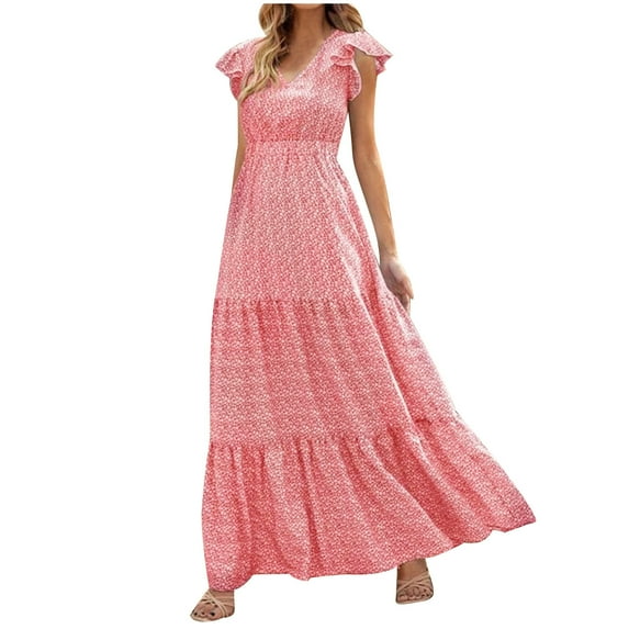 fatyb Women's Vacation Dresses Boho V Neck Maxi Dresses Tiered Ruffle Flowy Long Dresses for Women