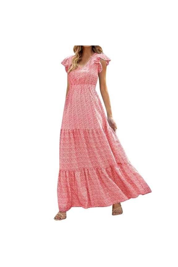 Women's Vacation Dresses Boho V Neck Maxi Dresses Tiered Ruffle Flowy Long Dresses for Women