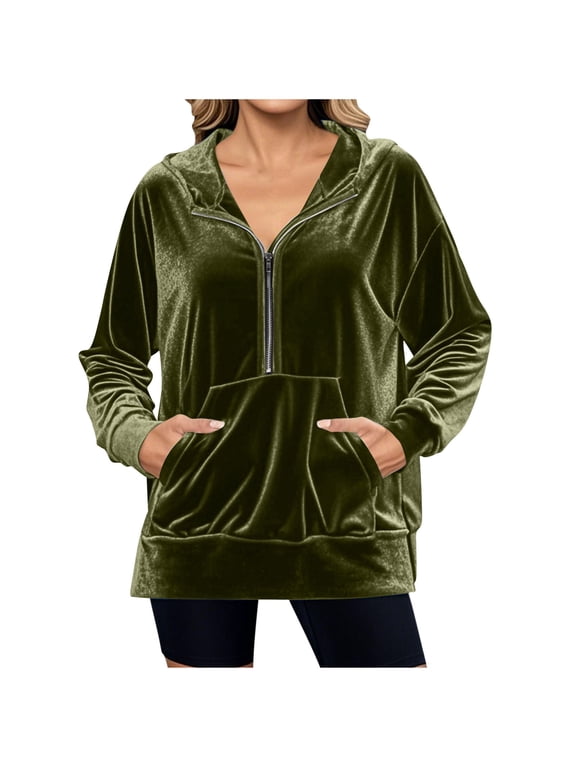 Women's Velour Hoodies Half Zip Velvet Hooded Sweatshirts with Pockets Long Sleeve Casual Pullover