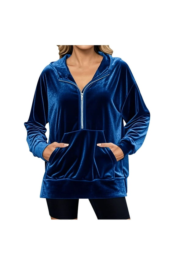 Women's Velour Hoodies Half Zip Velvet Hooded Sweatshirts with Pockets Long Sleeve Casual Pullover
