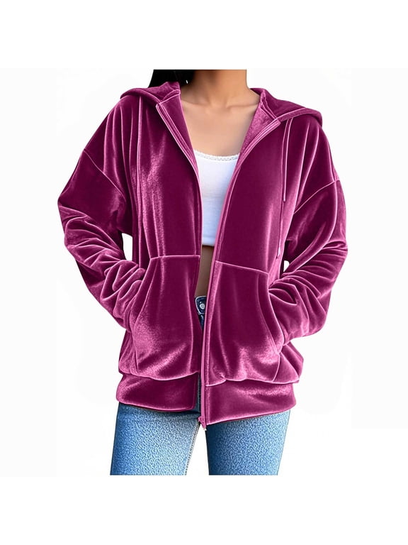 Women's Velvet Hooded Jacket with Pockets Full Zip up Long Sleeve Warm Velour Outerwear for Women