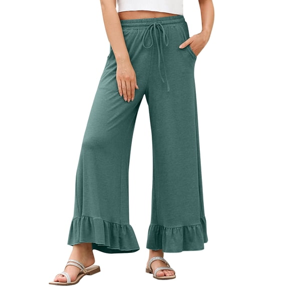 fatyb Women's Wide Leg Pants Ruffle Hem Flowy Palazzo Pants Drawstring High Waist Trousers with Pockets