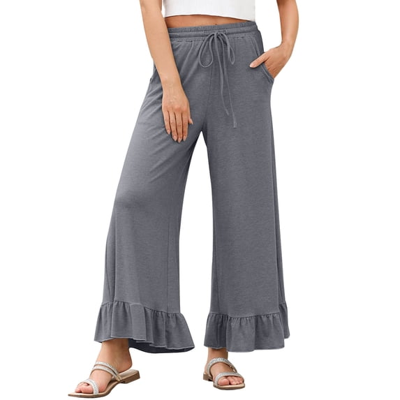 fatyb Women's Wide Leg Pants Ruffle Hem Flowy Palazzo Pants Drawstring High Waist Trousers with Pockets