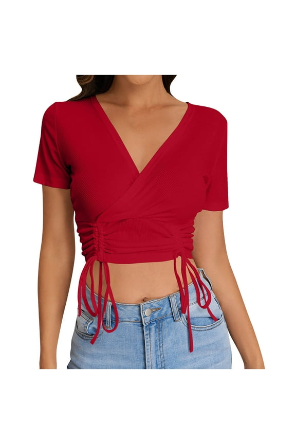 Women's Wrap V Neck Cropped Tee Shirts Side Drawstring Slim Tops Short Sleeve Going out T Shirts