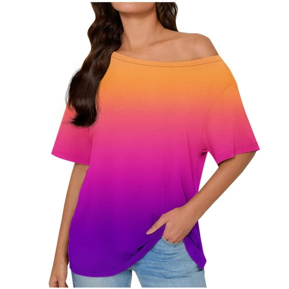 fatyb Women's off the Shoulder Tops Short Sleeve T Shirts Oversized Summer Loose Gradient Blouses