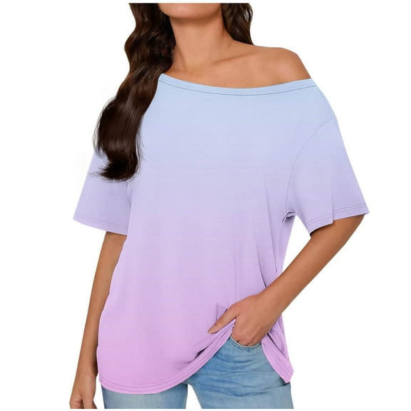 fatyb Women's off the Shoulder Tops Short Sleeve T Shirts Oversized Summer Loose Gradient Blouses