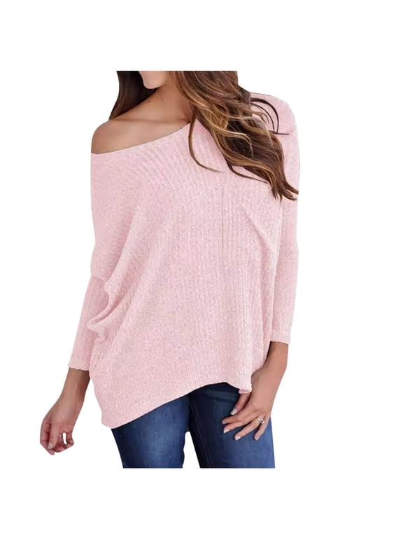 Women's off the Shoulder Tops Long Sleeve Loose Knit Shirts Casual Pullover Solid Color Blouses